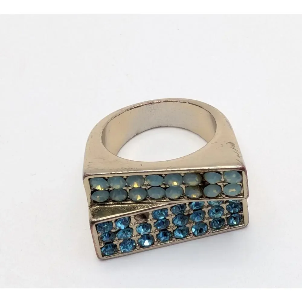 Vintage Blue Rhinestone Cocktail Ring Gold Tone Double Row Statement 6.5 READ